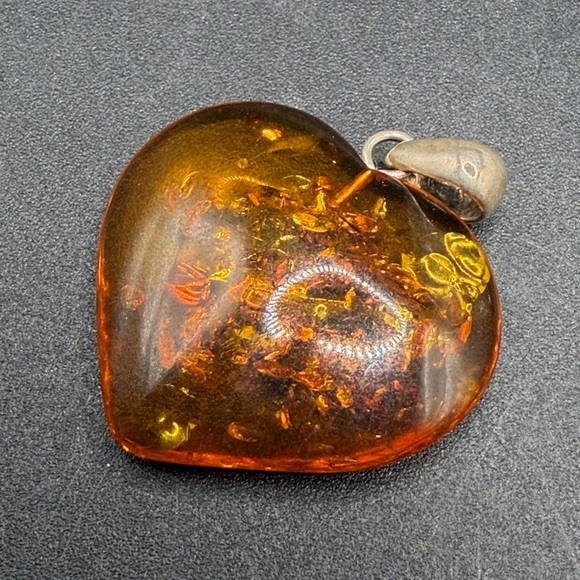 925 Sterling Silver Jewelry - Vintage Amber Heart Shaped Jewelry Pendant Charm, Sterling Silver 925 Bail